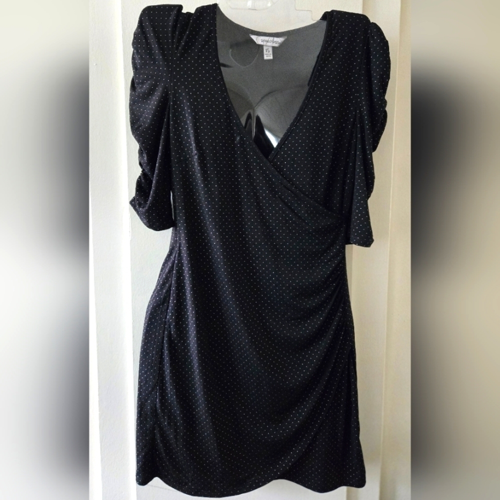 Speechless Black Ruched Sleeved Wrap Mini Dress Pokadot NWOT